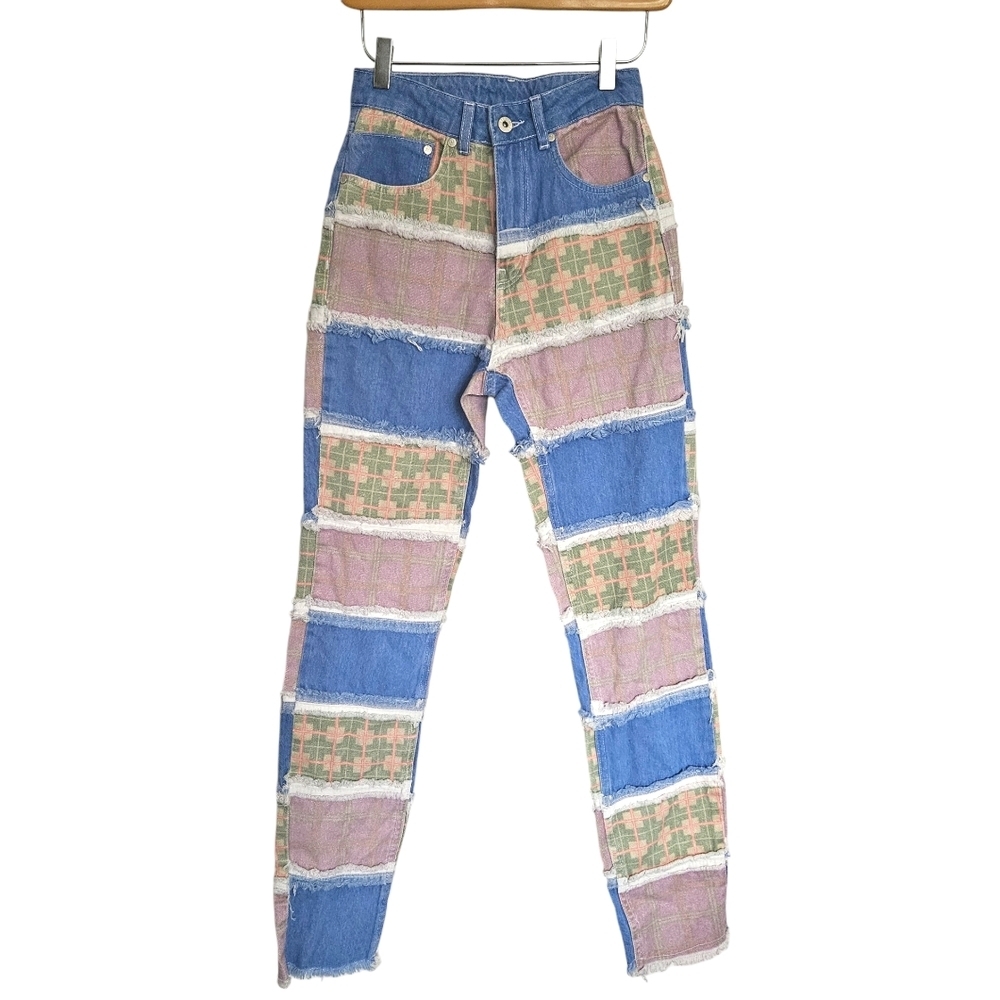 Ragged Priest 24 Vision Multi Frayed Patchwork High Rise Straight Leg Jeans